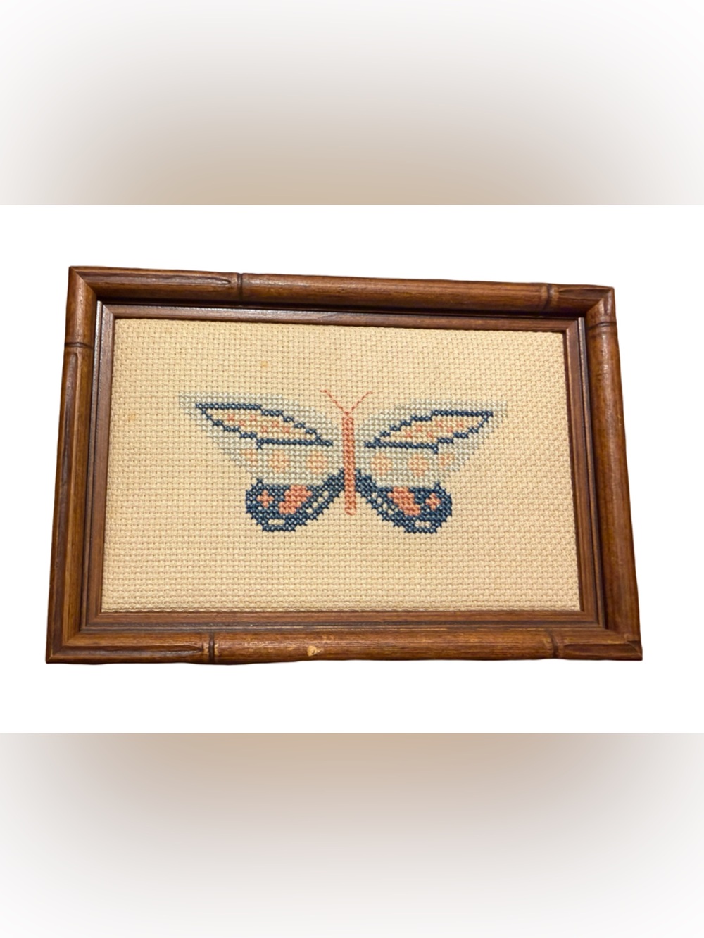 Small Framed Cross-Stitch Butterfly Wall Art in Navy and Peach